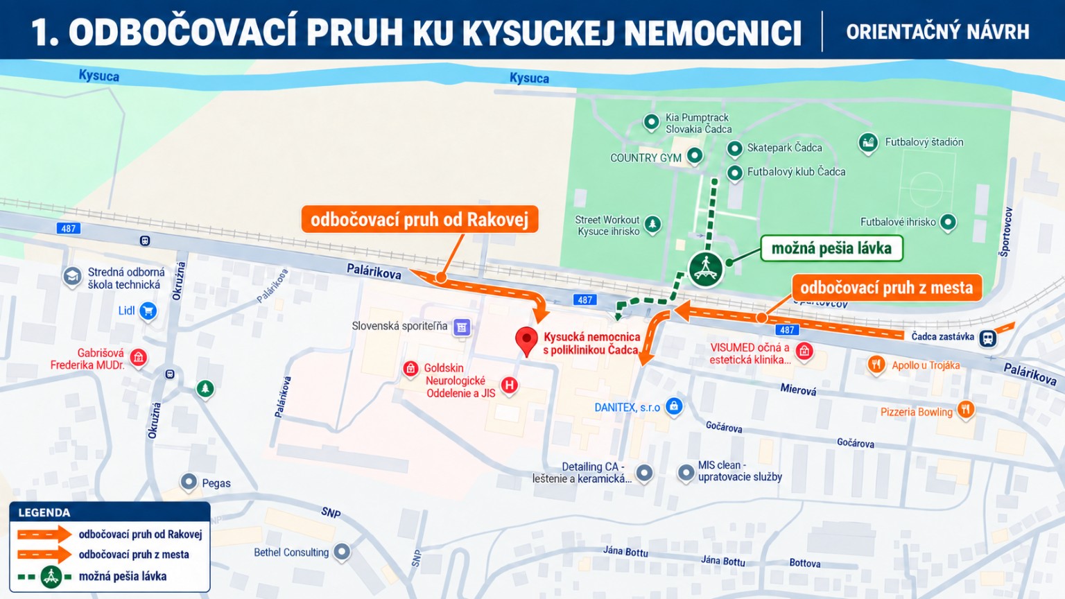 Orientačný návrh odbočovacích pruhov ku Kysuckej nemocnici a možného pešieho prepojenia
