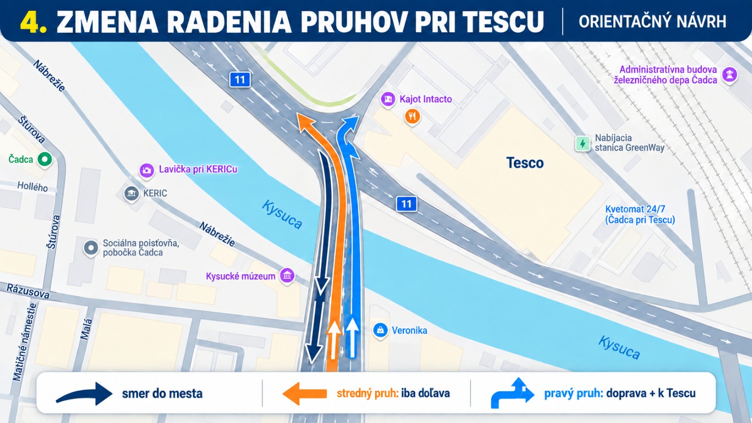 Orientačný návrh zmeny radenia jazdných pruhov pri Tescu